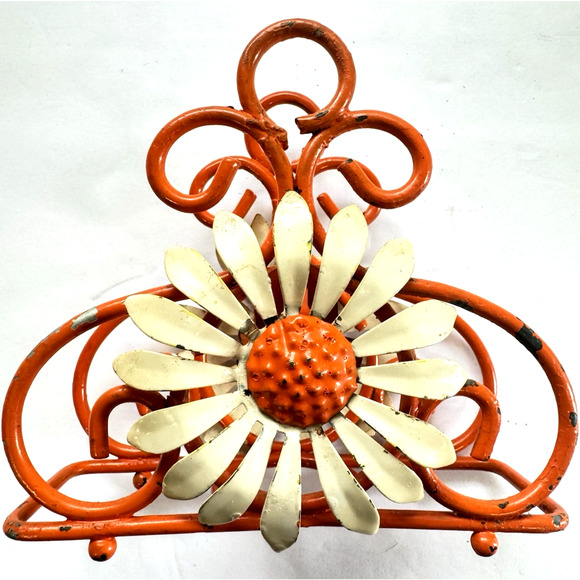 Retro 60's-70's Orange Napkin or Letter Holder with a Large White Daisy Design - Picture 1 of 7